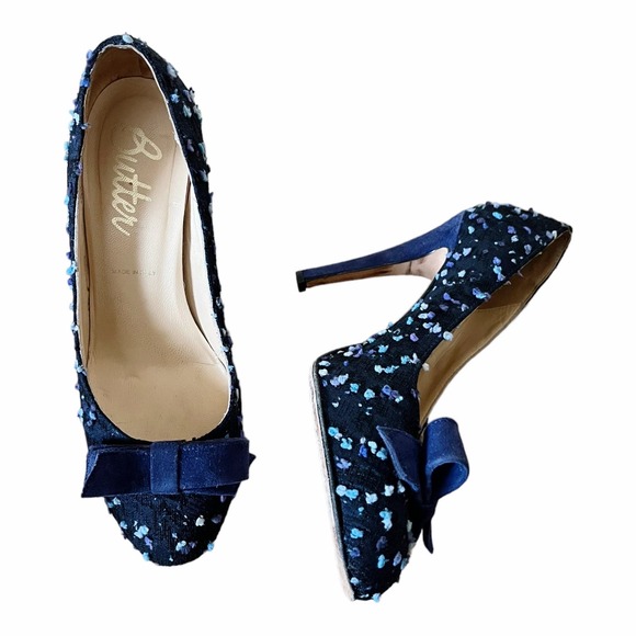 BUTTER Blue Fabric Leather Pumps Round Toe Swiss Dot Bow Stiletto Heels US 7 EUC - Picture 9 of 10